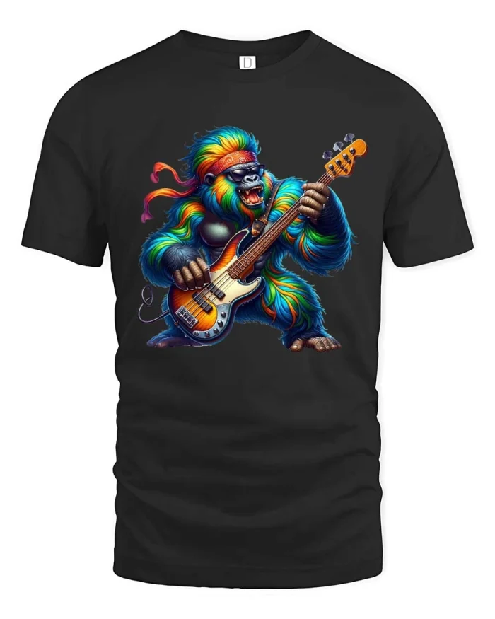 Funny Gorilla Guitar T-Shirt Colorful Rock Monkey Graphic Tee - black t-shirt on white background