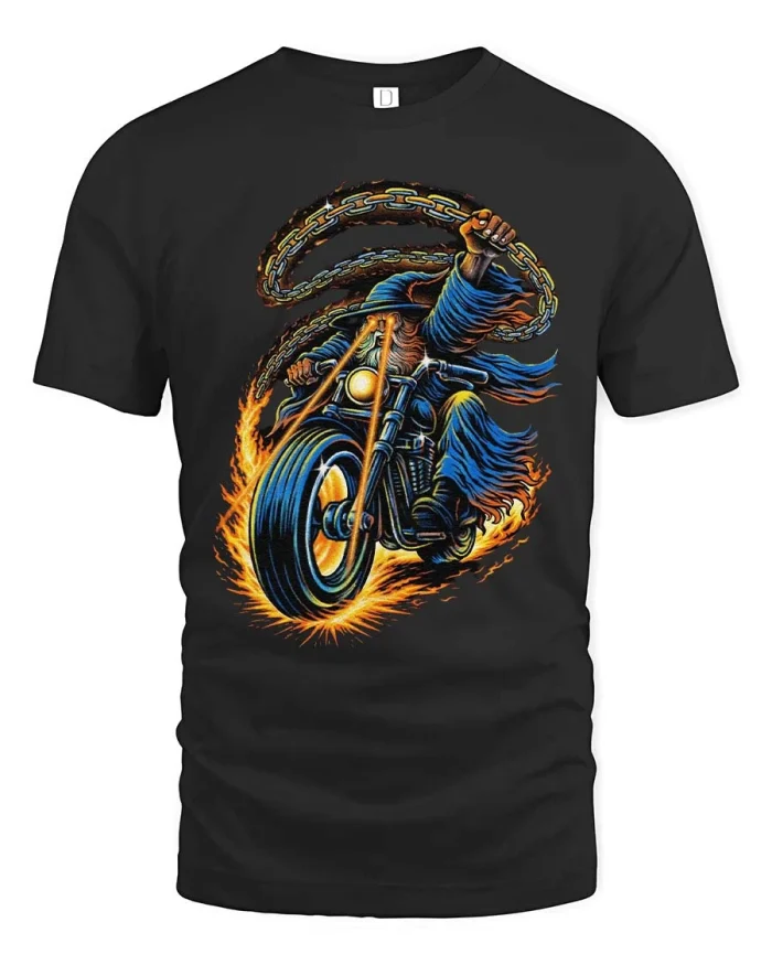 Ghost Rider Biker T-Shirt Flaming Skull Chain Motorcycle Tee - black t-shirt on white background