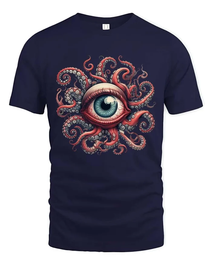 Octopus Eye T-Shirt Surreal Horror Tentacle Graphic Tee - navy t-shirt on white background