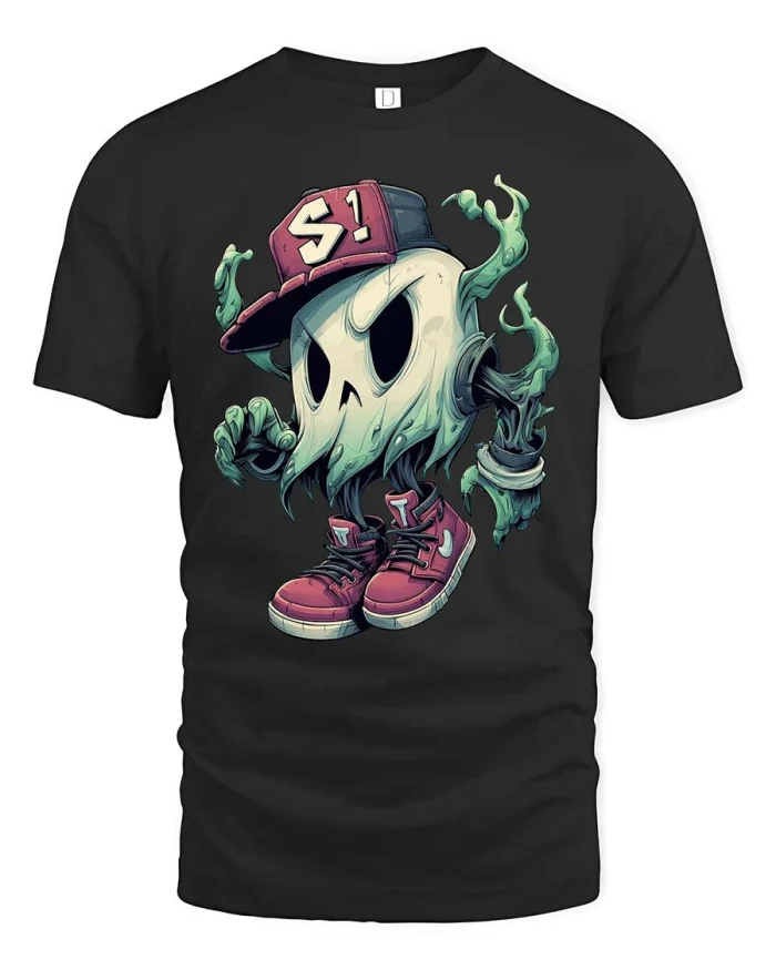 Cool Skull Streetwear Ghost With Cap Sneakers Graphic T Shirt - black t-shirt on white background