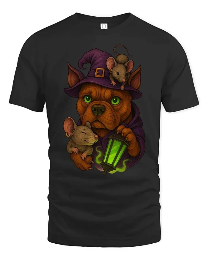 Mystic Wizard Dog and Mice Magic Lantern Graphic T Shirt - black t-shirt on white background
