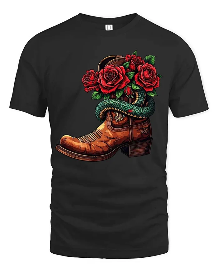 Western Cowboy Boot With Roses and Snake Vintage Style T Shirt - black t-shirt on white background