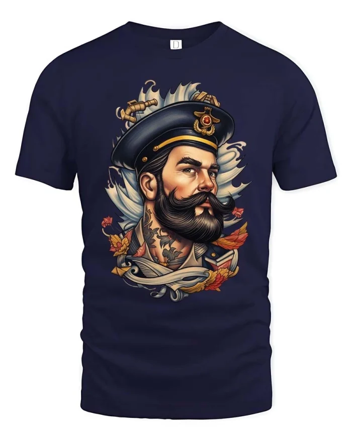 Bearded Sailor Captain Tattoo Style Vintage Graphic T Shirt - navy t-shirt on white background