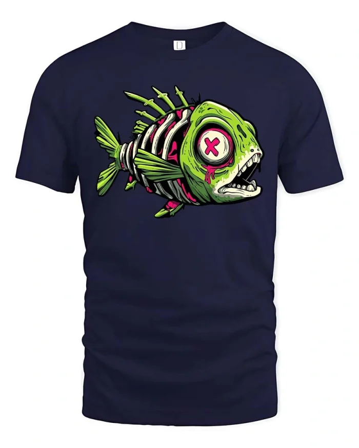Zombie Fish Skeleton Cartoon Horror Funny Graphic T Shirt - navy t-shirt on white background
