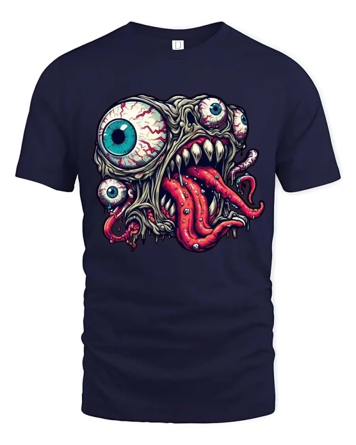 Creepy Eyeball Monster Horror Cartoon Graphic T Shirt - navy t-shirt on white background