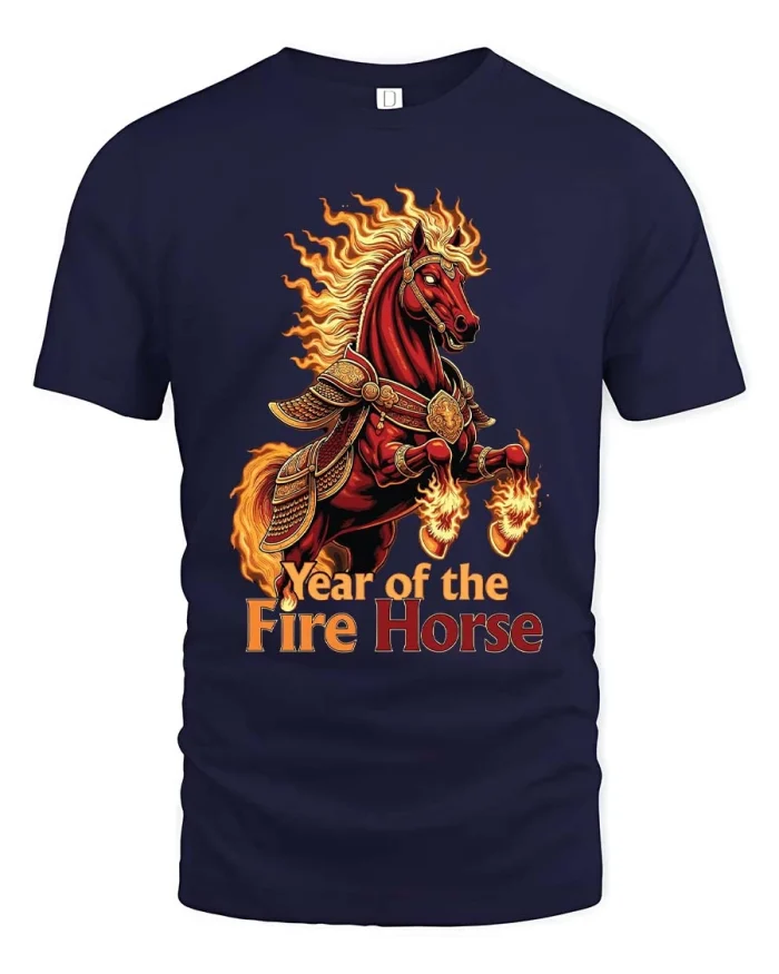Year of the Fire Horse Zodiac Flame Power Graphic T Shirt - navy t-shirt on white background