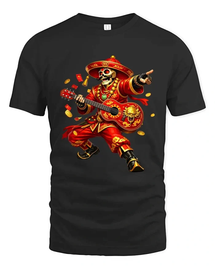 Lucky Skull Guitar Rockstar Chinese Festival T-Shirt Vibe - black t-shirt on white background