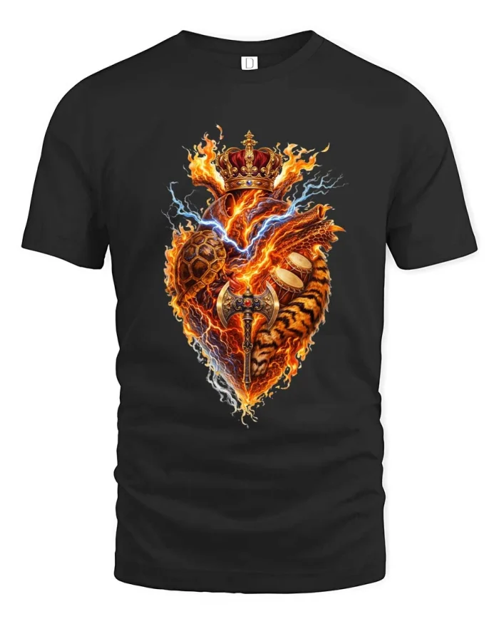 Flaming Sacred Heart Crown Lightning Power Graphic T-Shirt - black t-shirt on white background