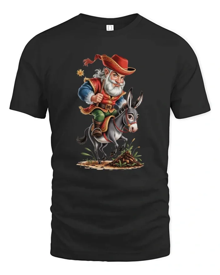 Funny Cowboy Gnome Riding Donkey Western Style T-Shirt - black t-shirt on white background