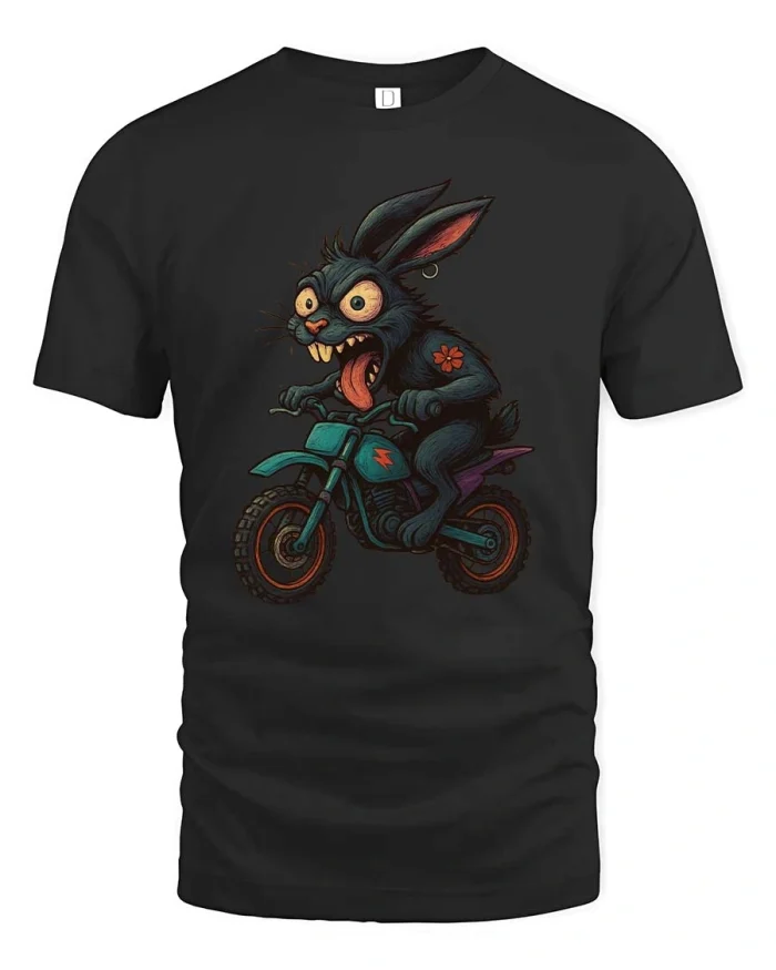 Crazy Bunny Riding Dirt Bike Funny Cartoon T-Shirt Style - black t-shirt on white background