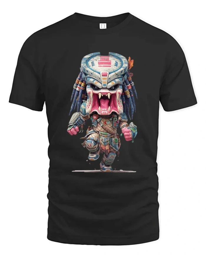 Cute Alien Hunter Monster Cartoon Warrior Graphic T-Shirt - black t-shirt on white background