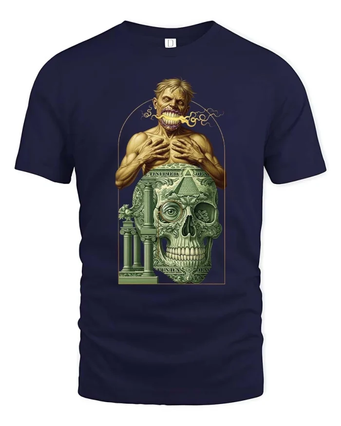 Dark Money Skull Greed Symbol Surreal Graphic T-Shirt Style - navy t-shirt on white background