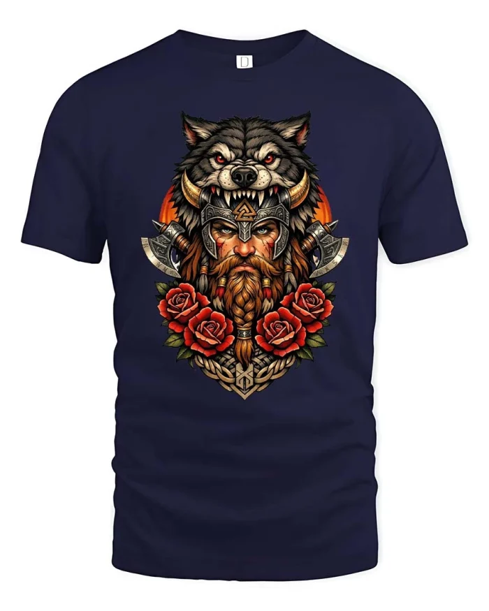 Viking Warrior Wolf Helmet Norse Myth Graphic T-Shirt Style - navy t-shirt on white background
