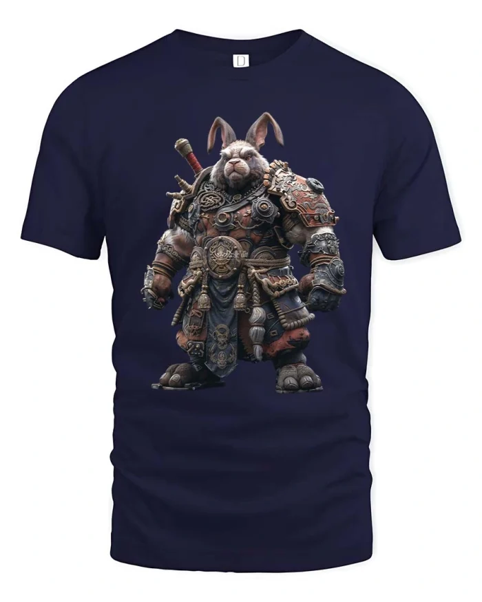 Warrior Rabbit Knight Armor Fantasy Character Graphic T-Shirt - navy t-shirt on white background