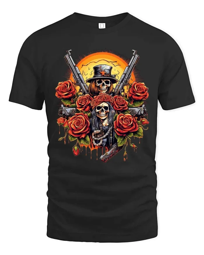 Outlaw Skull Roses Guns Graphic T Shirt Dark Western Style - black t-shirt on white background