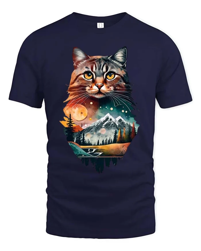 Majestic Cat Mountain Landscape Graphic T Shirt Nature Vibes - navy t-shirt on white background