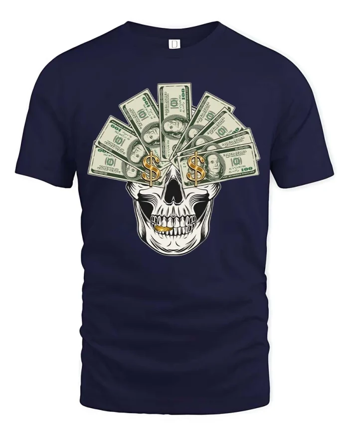 Money Skull Cash Crown Graphic T Shirt Rich Hustle Style - navy t-shirt on white background