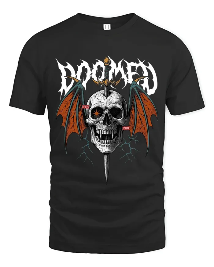 Doomed Skull Sword Gothic Graphic T Shirt - black t-shirt on white background