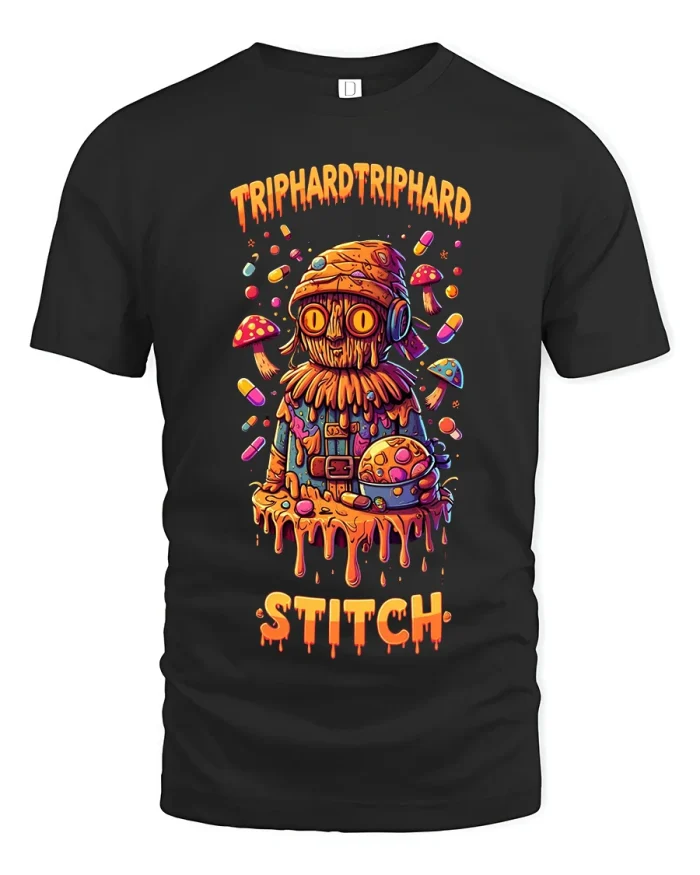 Trip Hard Stitch Trippy Mushroom Graphic T Shirt - black t-shirt on white background