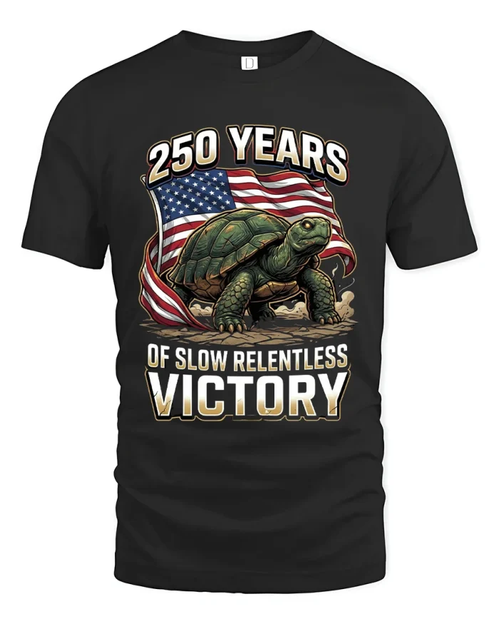 250 Years Of Slow Relentless Victory Turtle T Shirt - black t-shirt on white background