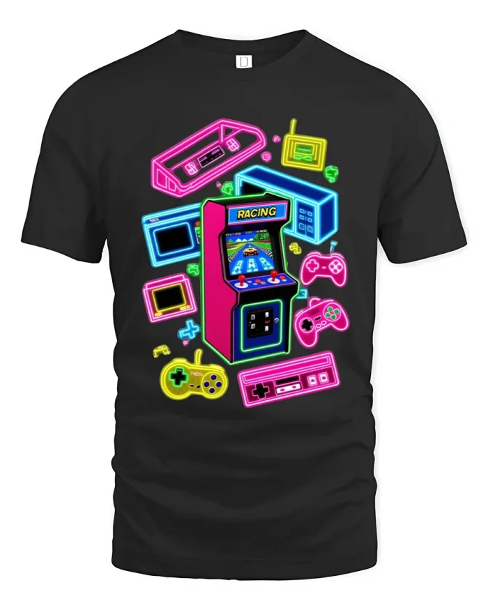 Retro Arcade Racing Neon Gaming Graphic T Shirt - black t-shirt on white background