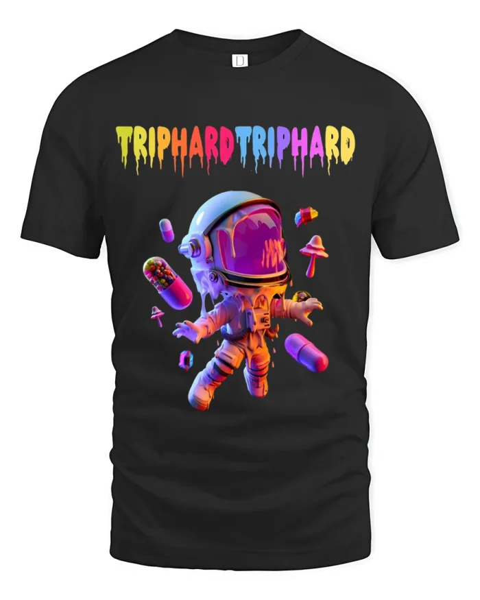 Trip Hard Astronaut Psychedelic Space Graphic T Shirt - black t-shirt on white background