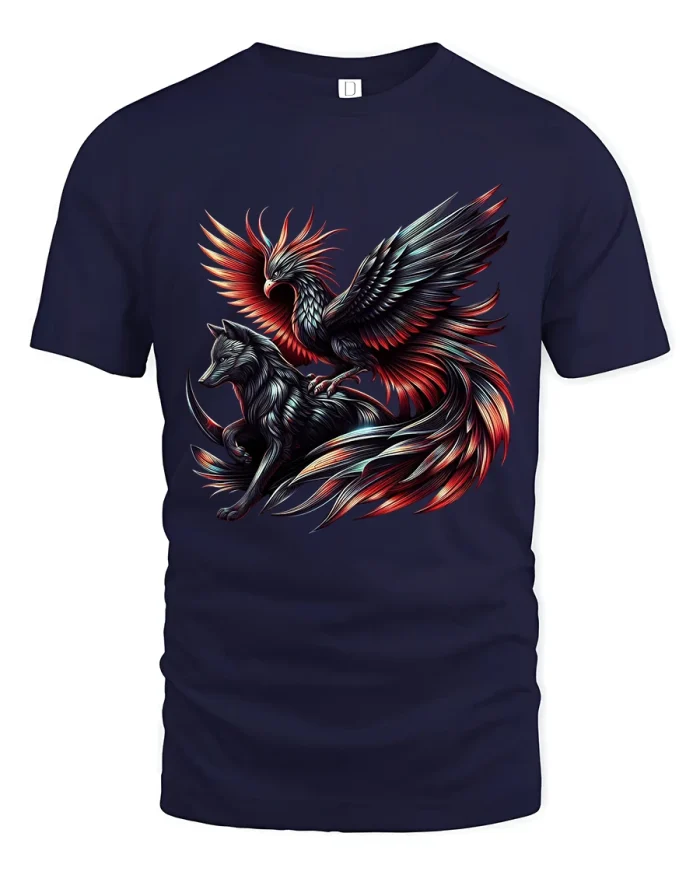 Phoenix And Wolf Mythical Fantasy Graphic T Shirt - navy t-shirt on white background