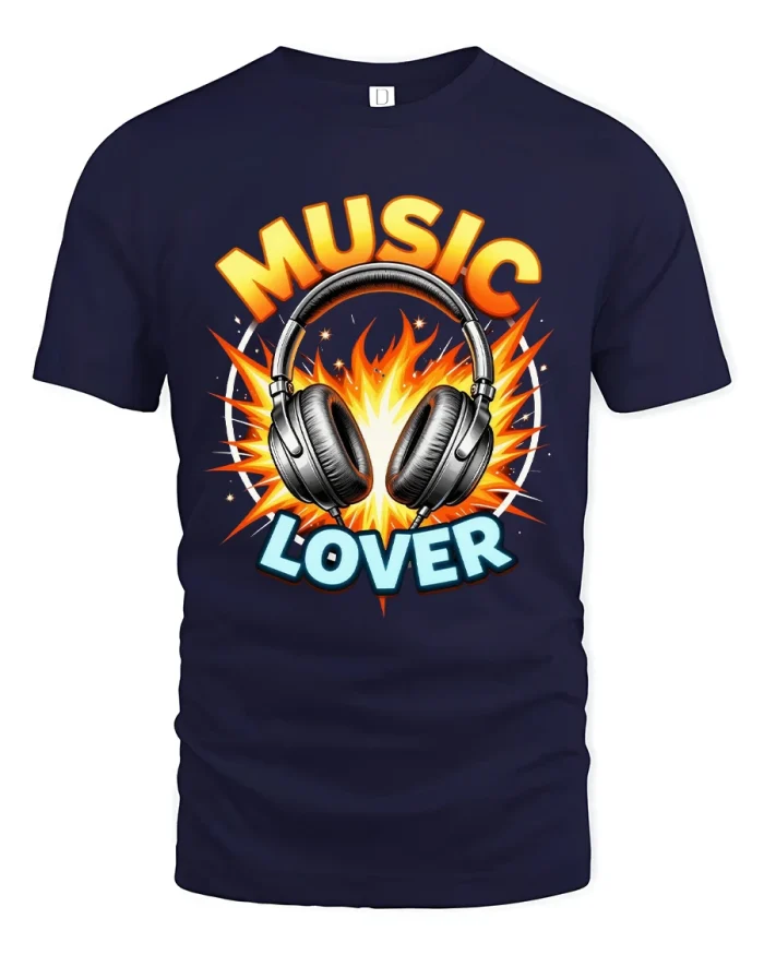Music Lover Headphones Graphic T Shirt Design - navy t-shirt on white background