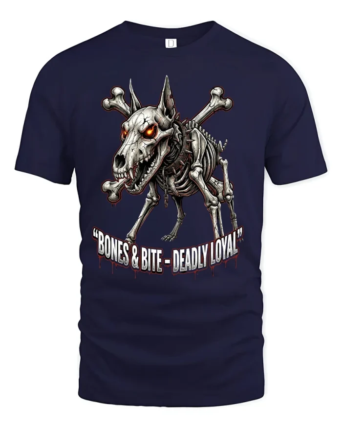 Bones And Bite Deadly Loyal Skeleton Dog T Shirt - navy t-shirt on white background
