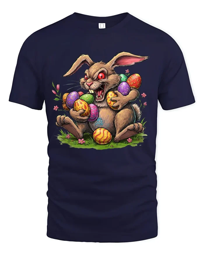 Crazy Easter Bunny With Eggs Funny Graphic T Shirt - navy t-shirt on white background