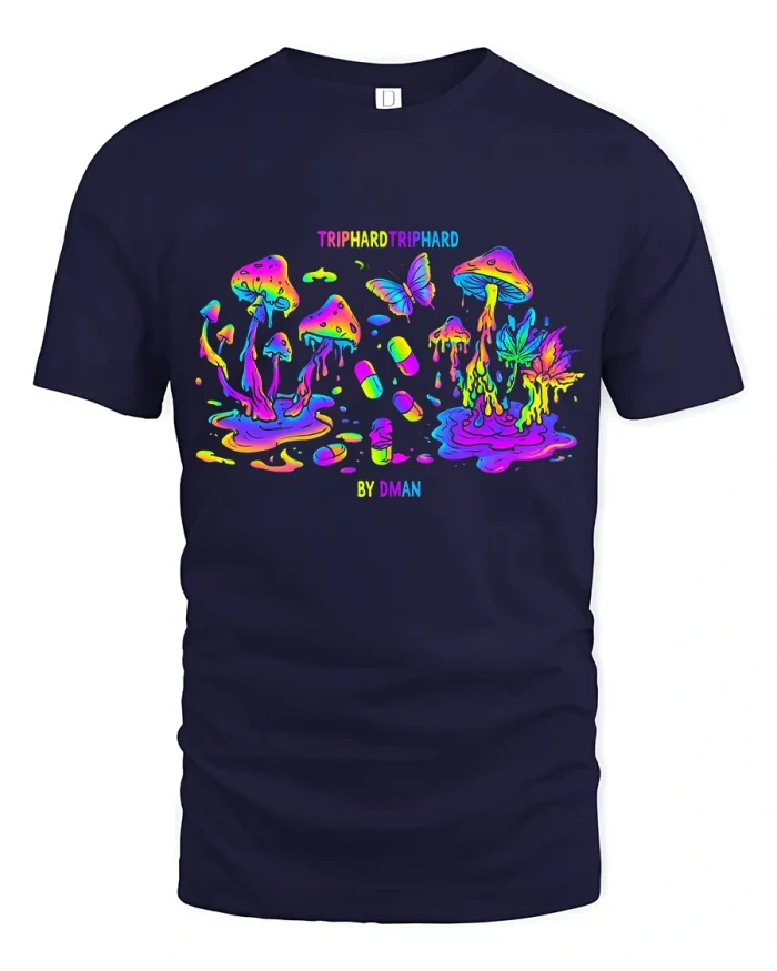 Trip Hard Psychedelic Mushroom Neon Graphic T Shirt - navy t-shirt on white background