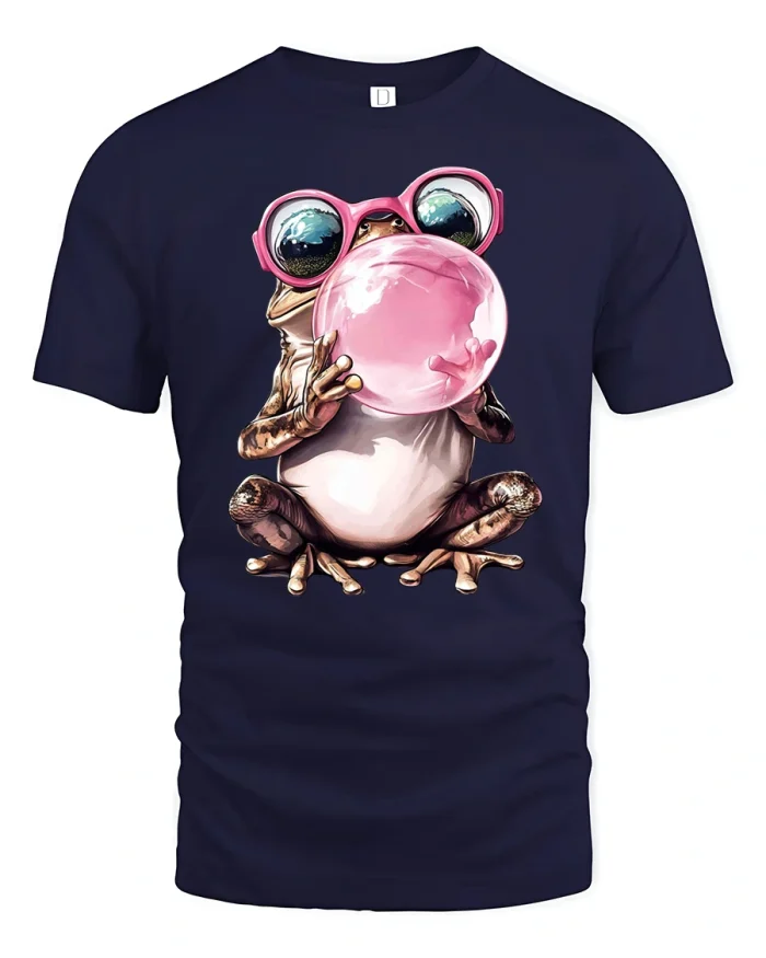 Cool Frog Bubblegum Graphic T Shirt Design - navy t-shirt on white background