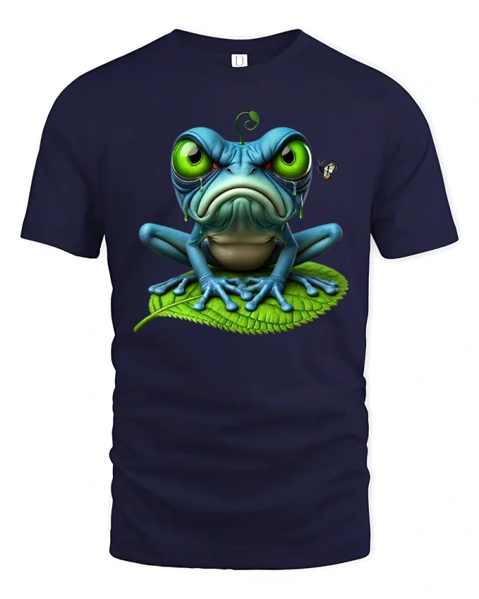 Grumpy Blue Frog Cartoon Graphic T Shirt - navy t-shirt on white background
