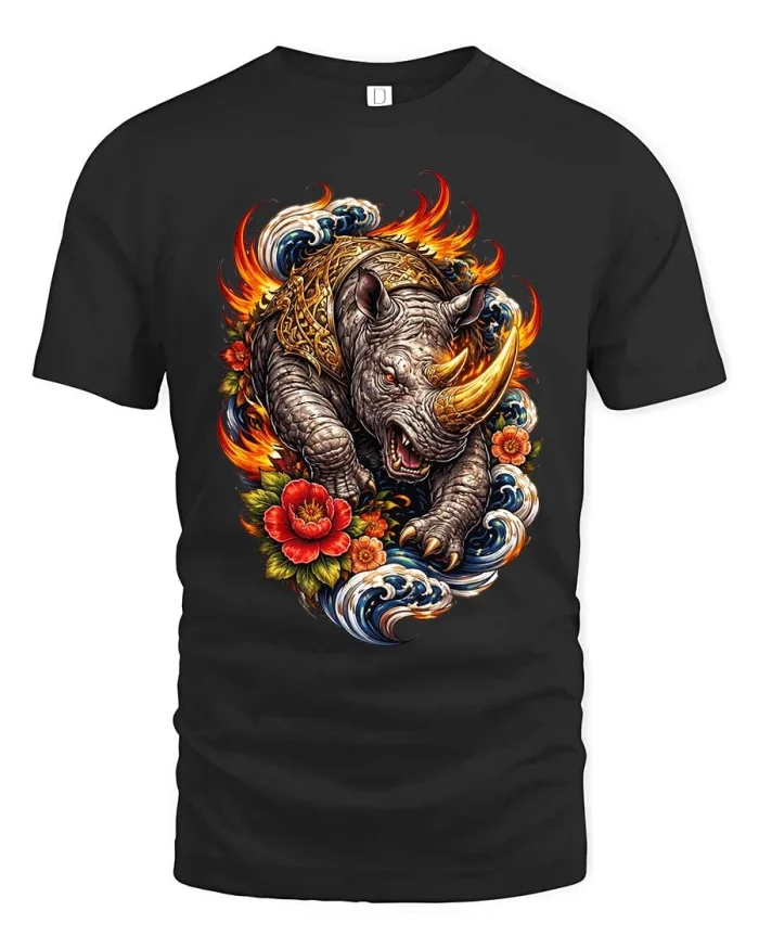 Fierce Rhino Flame Wave Japanese Art Style Graphic T Shirt - black t-shirt on white background