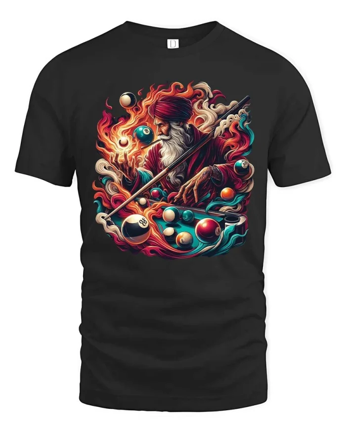 Mystic Billiards Wizard Fire Magic Pool Graphic T Shirt - black t-shirt on white background