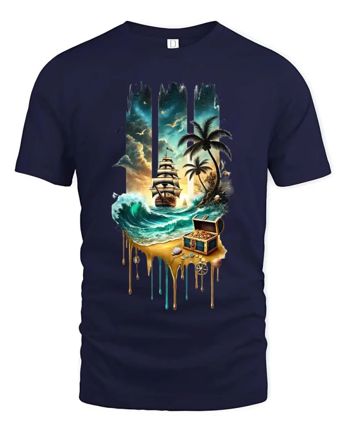 Pirate Treasure Ship Ocean Island Fantasy Adventure Graphic T Shirt - navy t-shirt on white background