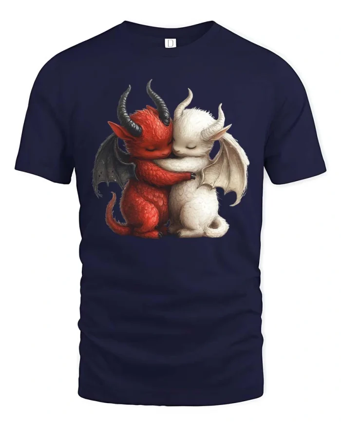 Cute Devil Angel Baby Dragons Love Hug Graphic T Shirt - navy t-shirt on white background
