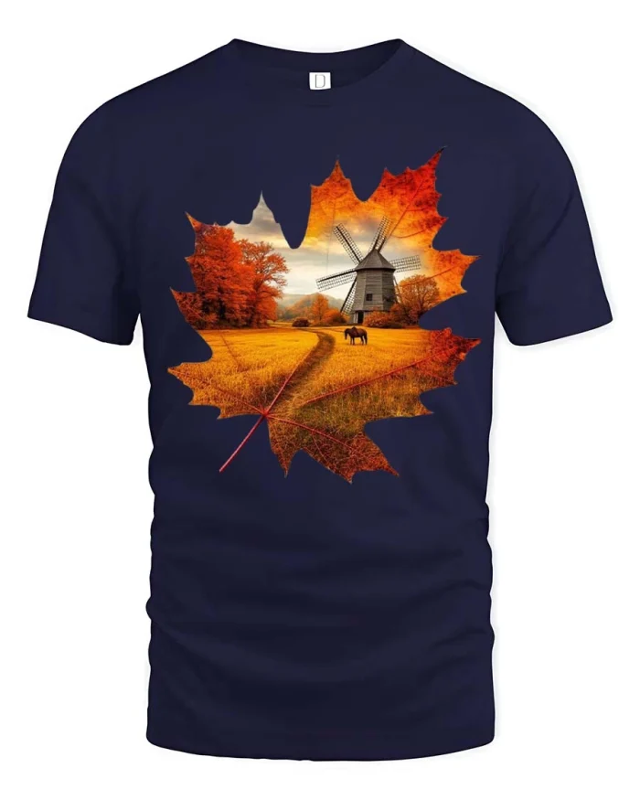 Autumn Maple Leaf Windmill Countryside Scenic Graphic T Shirt - navy t-shirt on white background