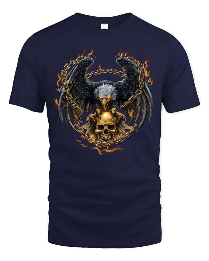 Fierce Eagle Skull Chain Flame Dark Gothic Graphic T Shirt - navy t-shirt on white background