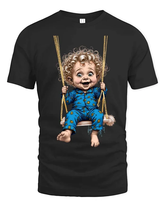 Happy Curly Baby Swing Tshirt Cute Funny Joyful Art - black t-shirt on white background