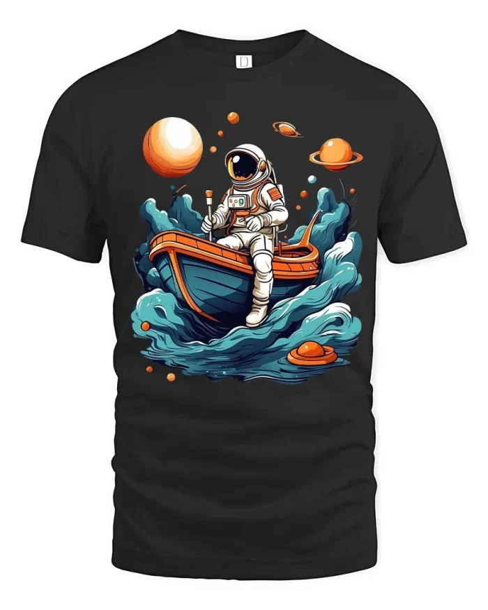 Astronaut Boat Adventure Tshirt Cosmic Ocean Fun Graphic - black t-shirt on white background
