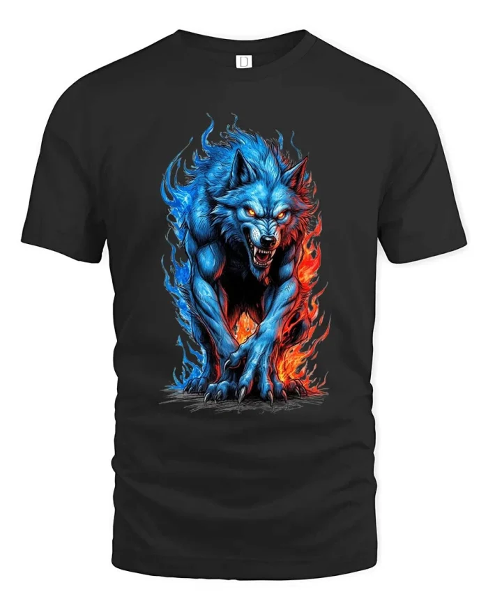 Fierce Fire Ice Wolf Tshirt Bold Fantasy Graphic Design - black t-shirt on white background