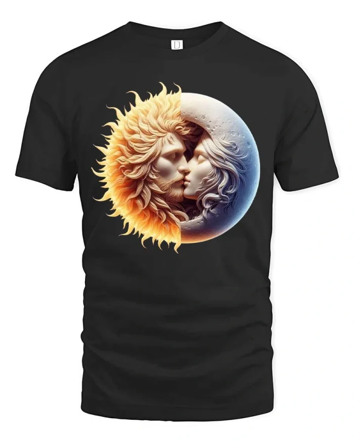 Sun Moon Lovers Tshirt Romantic Cosmic Balance Art Tee - black t-shirt on white background