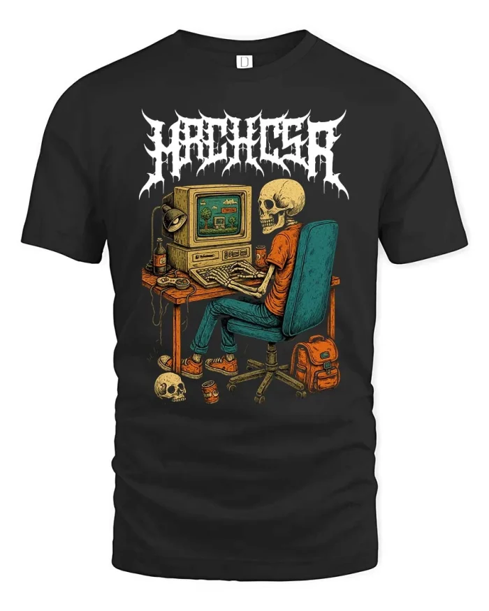 Hardcore Gamer Skeleton Tshirt Retro Gaming Dark Humor Tee - black t-shirt on white background