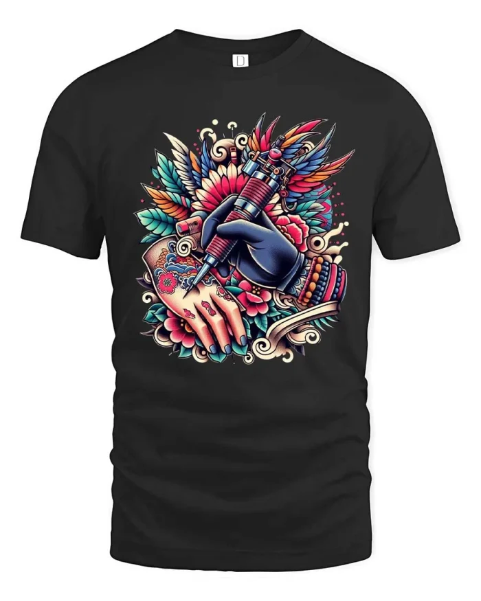 Tattoo Artist Hand Tshirt Colorful Ink Art Graphic Design - black t-shirt on white background