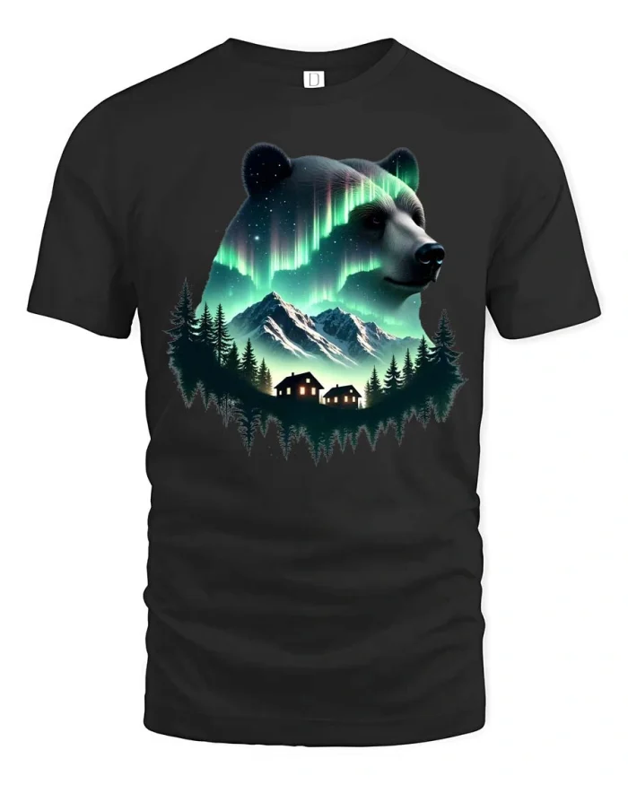 Aurora Bear Mountain Tshirt Nature Night Sky Graphic Tee - black t-shirt on white background