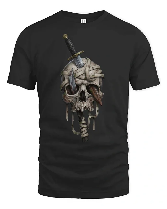 Skull Warrior Sword Tshirt Dark Gothic Fantasy Graphic Tee - black t-shirt on white background