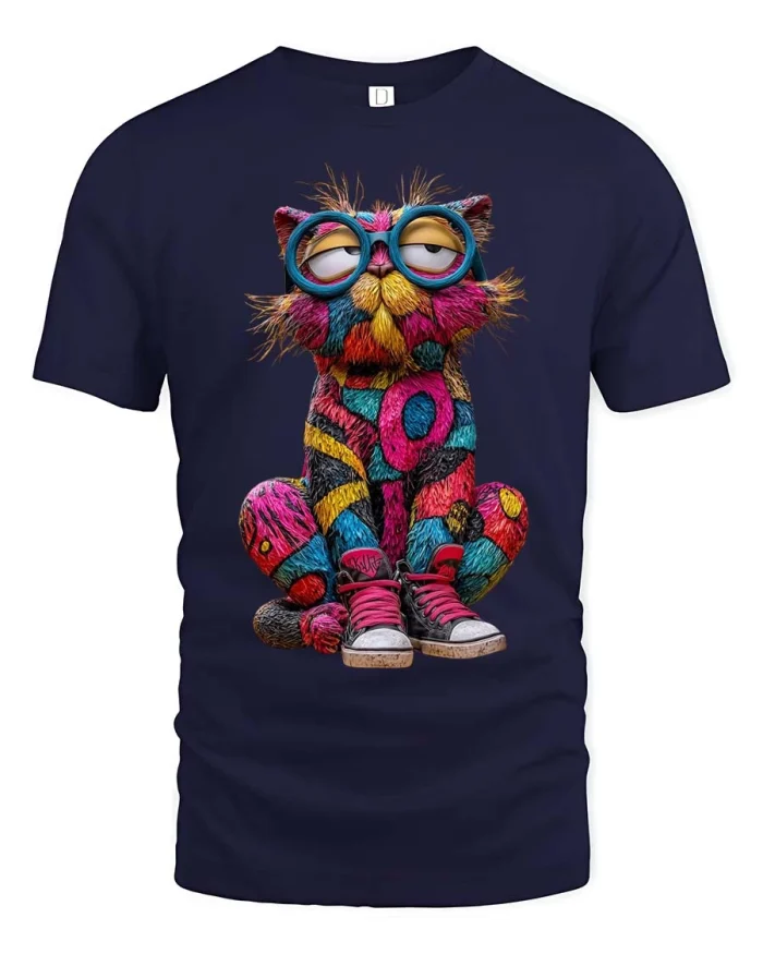 Colorful Cool Cat Tshirt Funny Hipster Cat Graphic Tee - navy t-shirt on white background