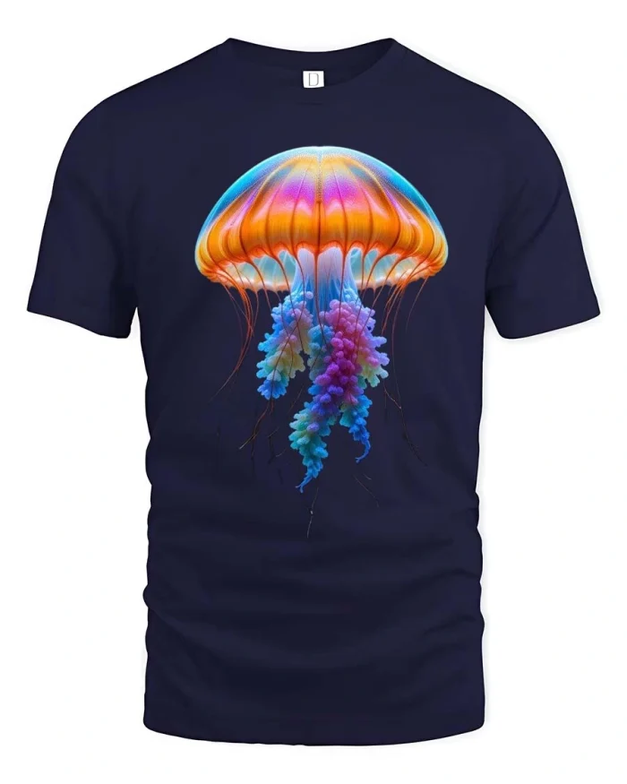 Colorful Jellyfish Tshirt Vibrant Ocean Glow Graphic Tee - navy t-shirt on white background
