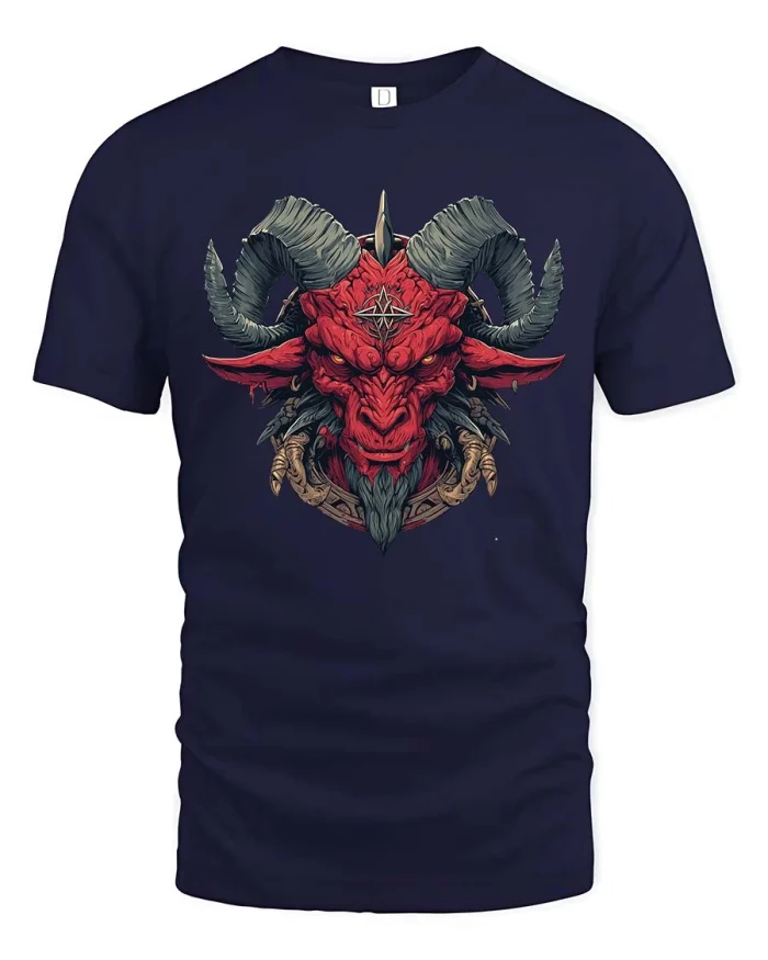 Red Demon Goat Head Tshirt Dark Occult Fantasy Graphic Tee - navy t-shirt on white background